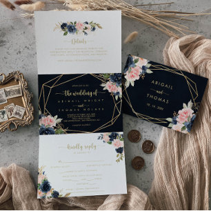 Invitation Trois Volets Marine Blush Floral Gold Mariage géométrique