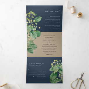 INVITATION TROIS VOLETS MARINE KRAFT BERRY LEAFY FOLIAGE MARIAGE VERT