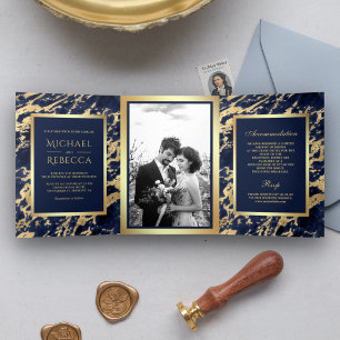Invitation Trois Volets Marine Marbre bleu Faux Gold Foil Photo Mariage