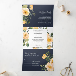 INVITATION TROIS VOLETS MARINE PEACH PEONY FLORAL WATERCOLOR MARIAGE