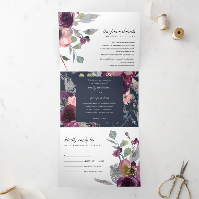 INVITATION TROIS VOLETS MARINE SAUVAGE PURPLE LILAC MARIAGE DE COULEUR D'E (Intérieur)