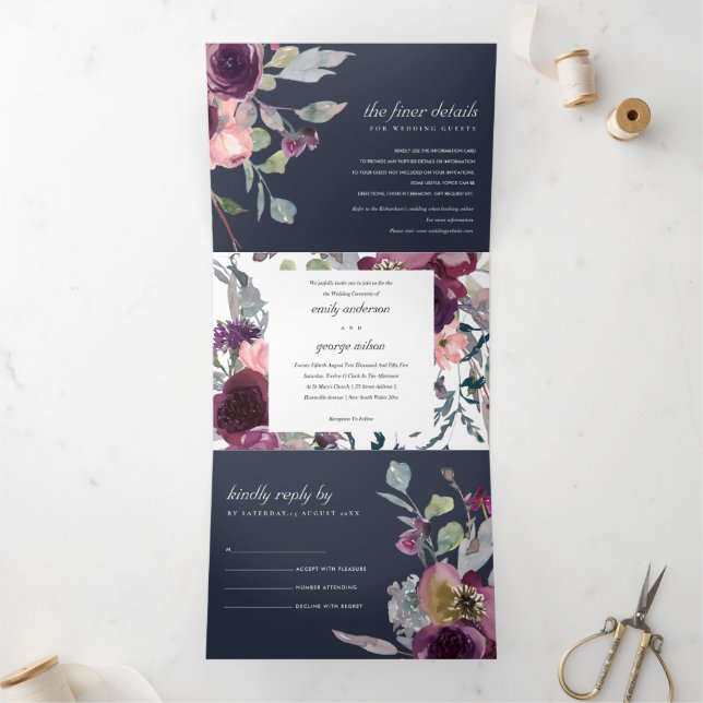 INVITATION TROIS VOLETS MARINE SAUVAGE PURPLE LILAC MARIAGE DE COULEUR D'E (Intérieur)