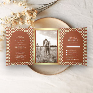 Invitation Trois Volets Marocain Quatrefoil Boho Terracotta Arche Mariage