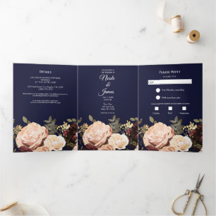 Invitation Trois Volets Maroon Floral Green Marine Mariage bleu