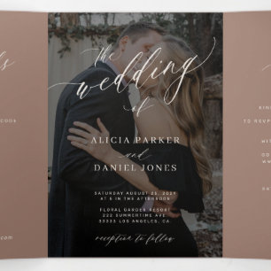 Invitation Trois Volets Marron moka neutre code QR RSVP photo mariage