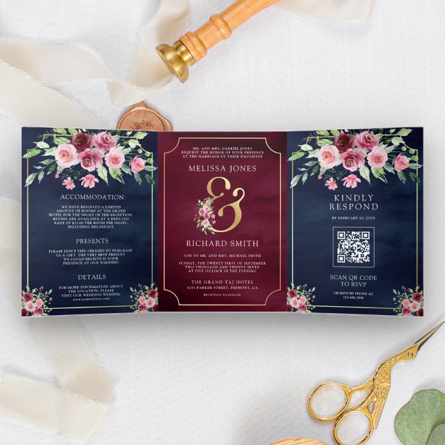 Invitation Trois Volets Marsala rose Floral Ampersand Navy QR Code Mariage (Créateur téléchargé)