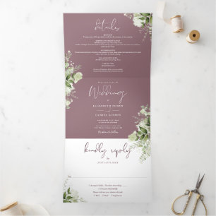 Invitation Trois Volets Mauve Elégant Vert Mariage Photo Floral