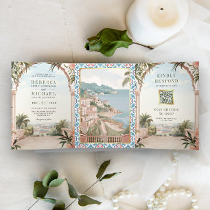 Invitation Trois Volets Méditerranéen Italien Côte Amalfi QR Code Mariage