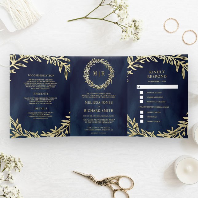 Invitation Trois Volets Midnight Blue Gold Leaf Branche tout en un Mariage (Créateur téléchargé)