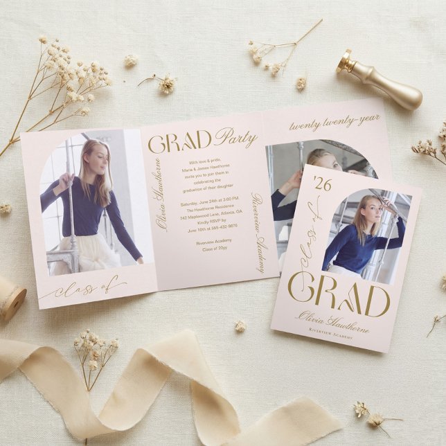 Invitation Trois Volets Minimal Arch Grad Photo Collage Graduation Party (Minimal Arch Grad Photo Collage Graduation Party Tri-Fold Invitation)