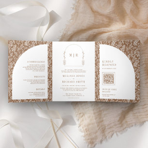 Invitation Trois Volets Minimal Line Art Leaf Arch Beige Mariage