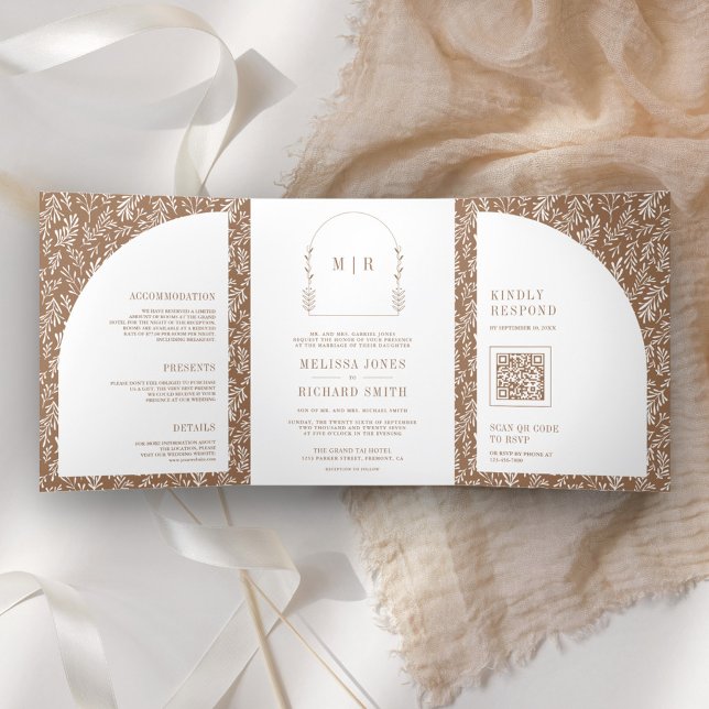 Invitation Trois Volets Minimal Line Art Leaf Arch Beige Mariage (Créateur téléchargé)