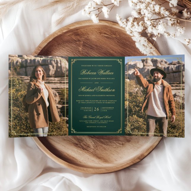 Invitation Trois Volets Minimalist Photo Emerald Gold QR Code Wedding (Créateur téléchargé)