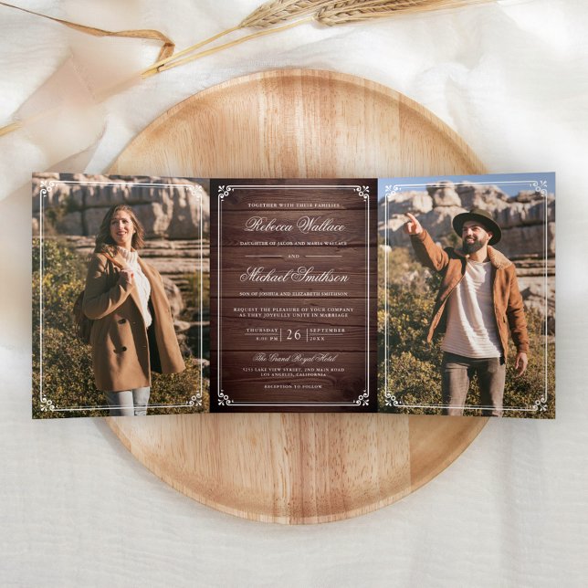 Invitation Trois Volets Minimalist Photo Rustic Barn Wood QR Code Wedding (Créateur téléchargé)