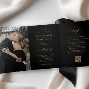 Invitation Trois Volets Minimaliste 2 photo or noir mariage RSVP QR