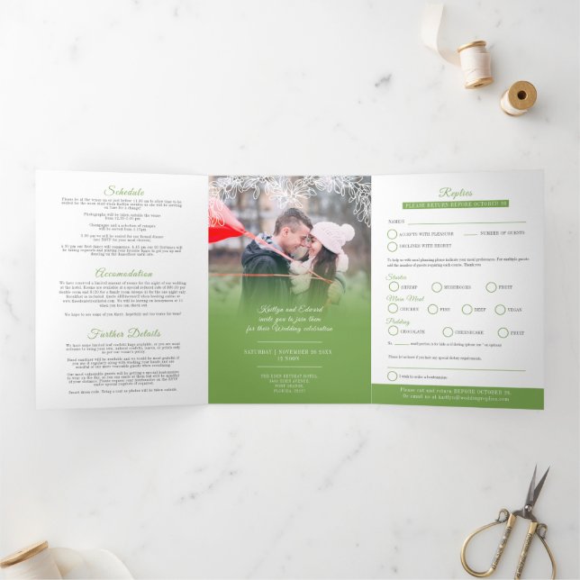 Invitation Trois Volets Mistletoe vert blanc mariage option RSVP Tri (Intérieur)