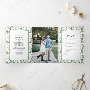 Invitation Trois Volets Mode Sage Green Leaf Pattern Photo Wedding