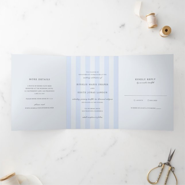 Invitation Trois Volets Modern Blue Stripes Elegant Wedding (Intérieur)