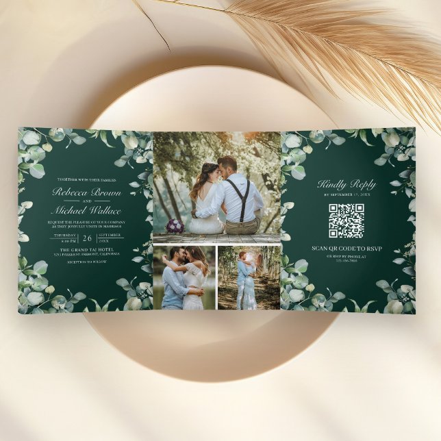 Invitation Trois Volets Modern Eucalyptus Emerald Green QR Code Wedding (Créateur téléchargé)