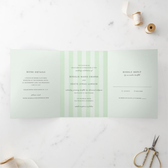 Invitation Trois Volets Modern Green Stripes Elegant Wedding (Intérieur)