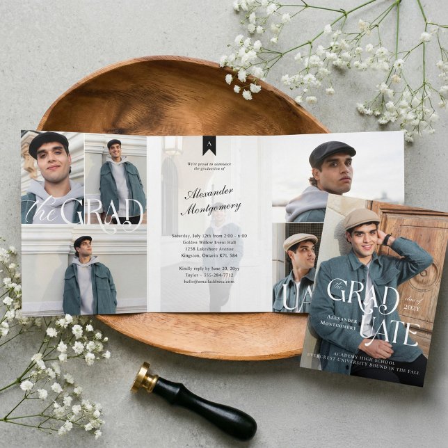 Invitation Trois Volets Modern Minimal Trendy Grad Photo Collage Graduate (Modern Minimal Trendy Grad Photo Collage Graduate Tri-Fold Invitation)
