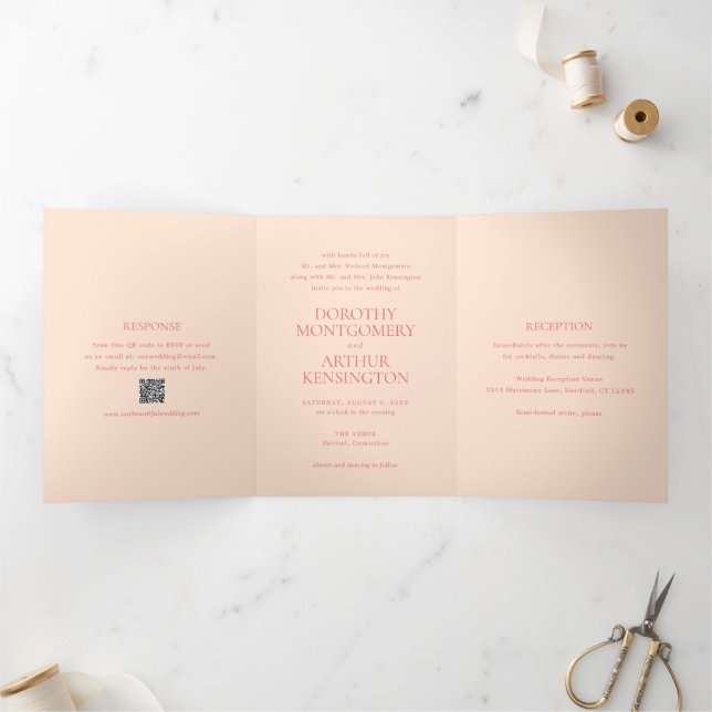 Invitation Trois Volets Modern Peach QR Code Mariage élégant (Intérieur)