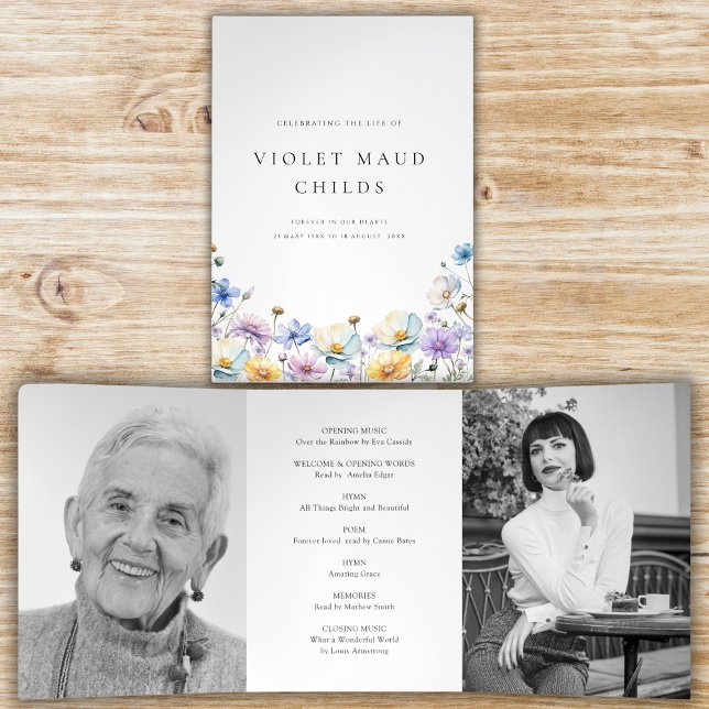Invitation Trois Volets Moderne deux photos funéraires ordre de service (modern tri fold celebration of live order of service , with two photo and beautiful wildflowers)