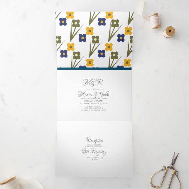 Invitation Trois Volets Moderne Fleurs Délicates Audacieuses Bleu Jaune Ma (Intérieur)