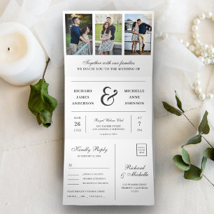 Invitation Trois Volets Moderne Mariage 3 en 1 Collage de Photos Minimalis