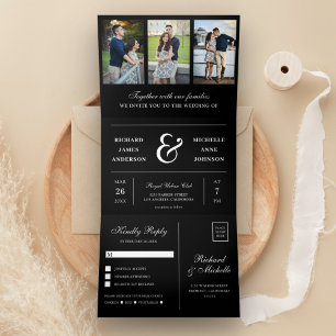 Invitation Trois Volets Moderne Mariage Minimaliste Noir Collage Photo 3 e