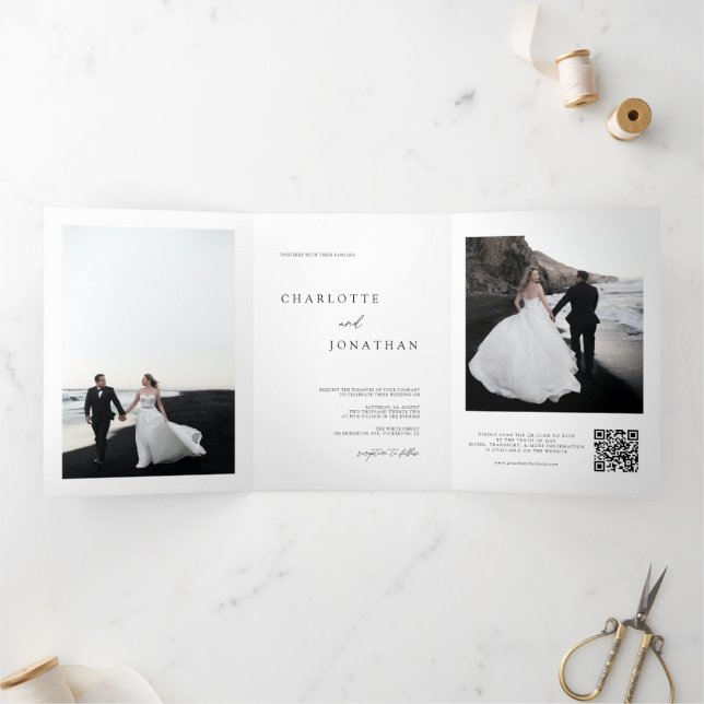 Invitation Trois Volets Moderne Mariage simple RSVP Détails QR Code Photo (Intérieur)