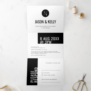 Invitation Trois Volets Moderne minimal Gras Noir Blanc Geo Simple Plain