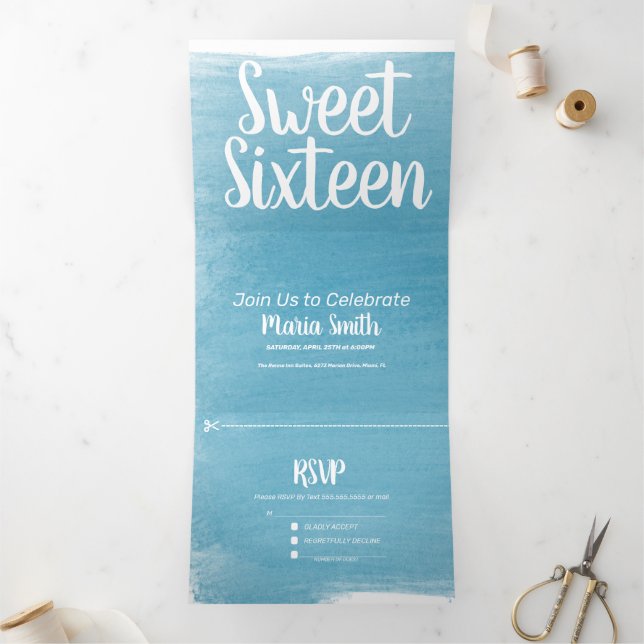 Invitation Trois Volets Moderne Sweet 16 Aquarelle Tire Photographie (Intérieur)