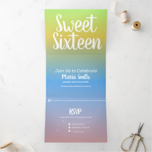 Invitation Trois Volets Moderne Sweet 16 Jaune Arc-en-Ciel Ombre Deux Tons