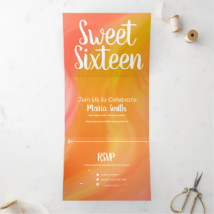 Invitation Trois Volets Moderne Sweet 16 Marbre Orange Rose Tourbillons