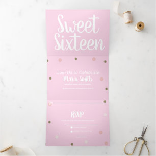 Invitation Trois Volets Moderne Sweet 16 Or Rose Pailletés