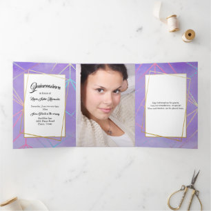 Invitation Trois Volets Moderne Violet et Photo Personnalisée Quinceañera