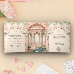 Invitation Trois Volets Monnaie rose pâle Vert Lotus Garden Mariage indien