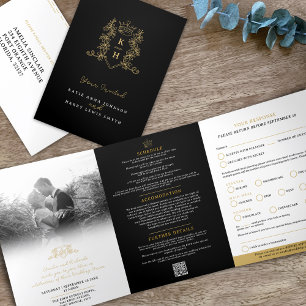 Invitation Trois Volets Monogramme couronne d'or noir option repas mariage
