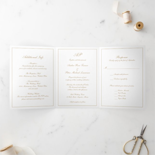 Invitation Trois Volets Monogramme de script formel Or Mariage élégant (Intérieur)