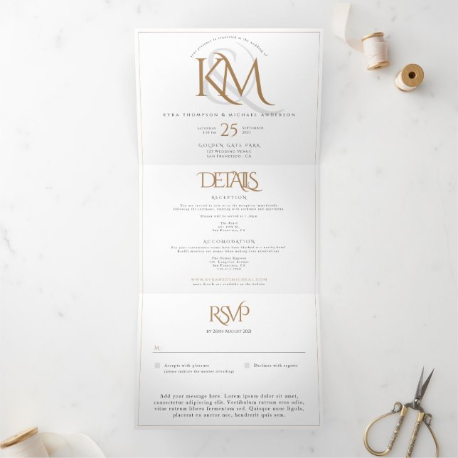 Invitation Trois Volets Monogramme d'or blanc moderne tout en un Mariage (Intérieur)