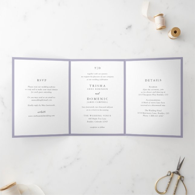 Invitation Trois Volets Monogramme élégant lilas Mariage moderne (Intérieur)