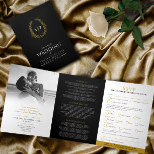 Invitation Trois Volets Monogramme feuille d'or noir option repas mariage
