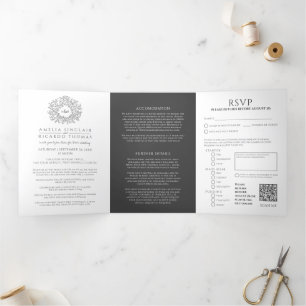 Invitation Trois Volets Monogramme gris feuille mariage tout-en-un