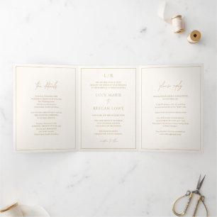Invitation Trois Volets Monogramme intemporel ivoire et or mariage élégant