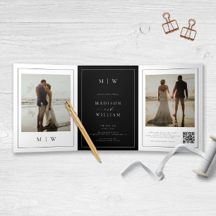Invitation Trois Volets Monogramme moderne Mariage noir et blanc