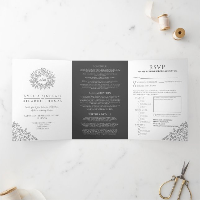 Invitation Trois Volets Monogramme mono feuille mariage tout-en-un (Intérieur)