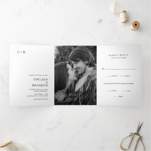 Invitation Trois Volets Monogramme noir blanc minimal photo Mariage modern