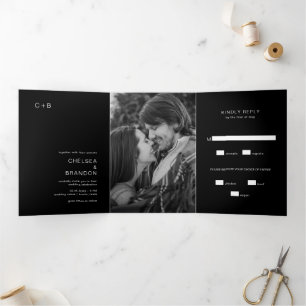 Invitation Trois Volets Monogramme noir minime photo Mariage moderne