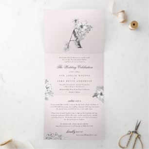 Invitation Trois Volets Monogramme rose 'A' Belle croquis Mariage floral
